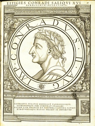 Conradus II Saliquus, illustratie uit Imperatorum romanorum omnium orientalium et occidentalium verissimae imagines ex antiquis numismatis door Hans Rudolf Manuel Deutsch